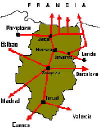 Mapa esquemático de acceso a la provincia de Zaragoza dentro de Aragón