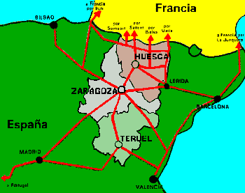 Mapa de esquemático acceso a la provincia de Zaragoza dentro de Aragón