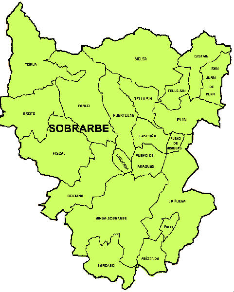 Mapa de la posición de la Comarca del Sobrarbe y municipios que la componen