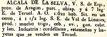 Alcala de la Selva, Lugar Ord. de España, Provincia de Aragón, del diccionario Geográfico Universal