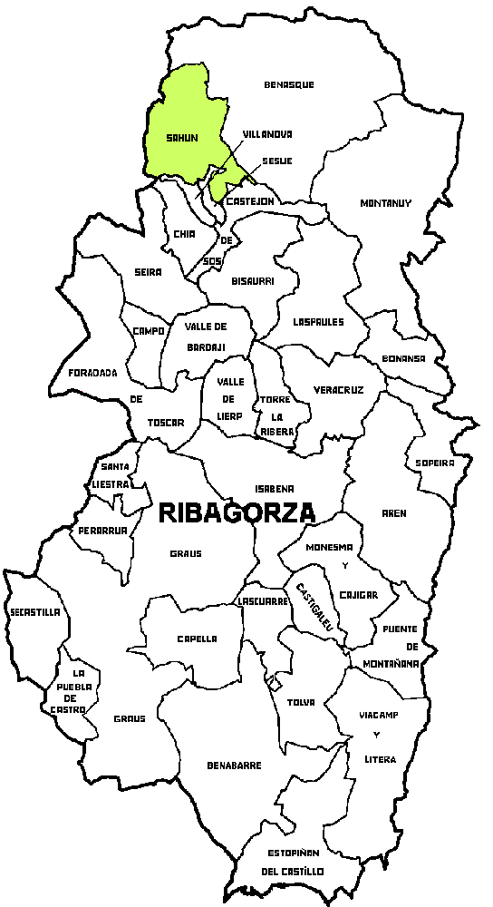 Municipio de Sahun dentro de la comarca de Ribagorza