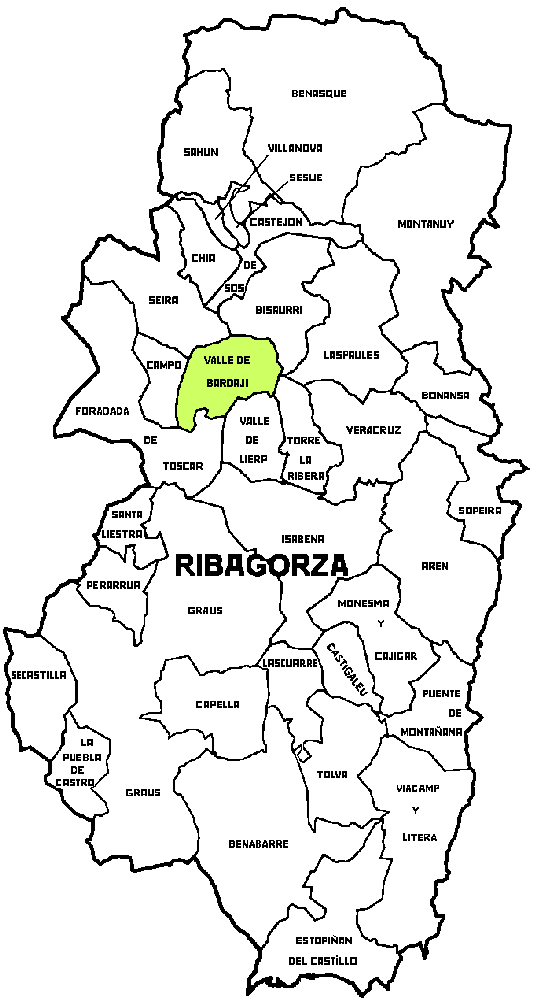 Mapa del Municipio de Valle de Bardaji dentro de la comarca de Ribagorza