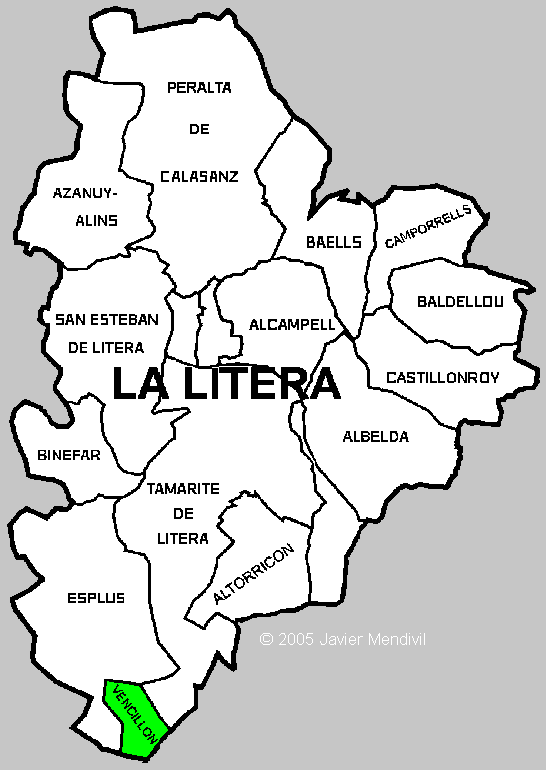 Mapa de la posición del Municipio de Vencillón dentro de la comarca de La Litera/ La Llitera