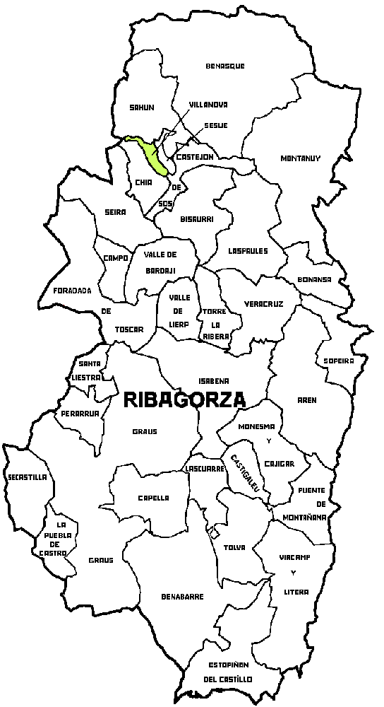 Mapa de la posición del Municipio de Villanova dentro de la comarca de Ribagorza
