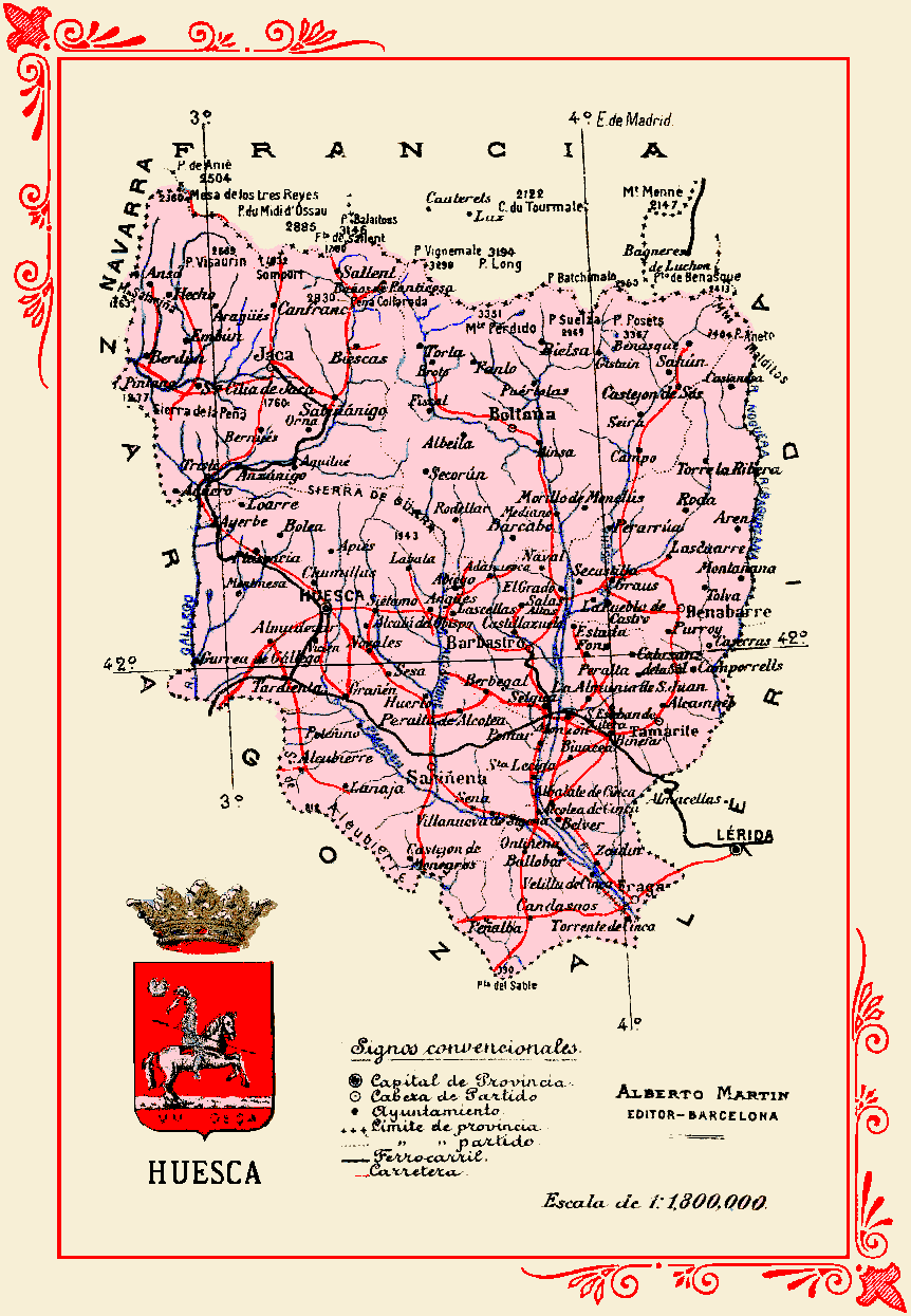 Mapa de la provincia de Huesca hacia 1900