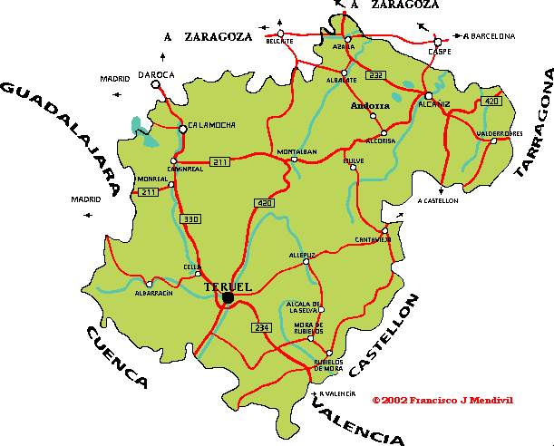 Mapa de carreteras de la provincia de Teruel con su capital localizada dentro de su provincia