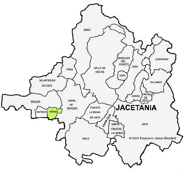Mapa Mianos dentro de la Comarca de la Jacetania