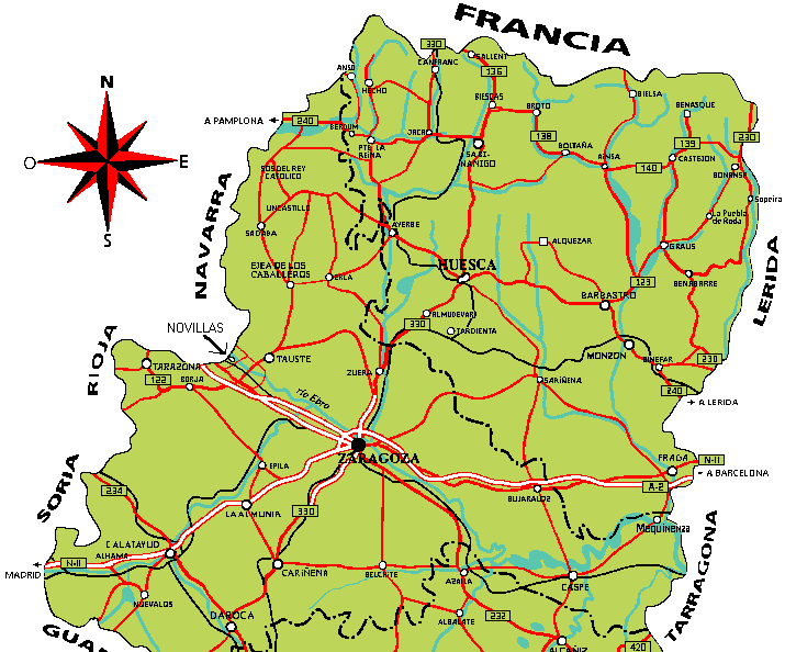 mapa de la situación de Novillas en Aragón y carrteras que llevan al pueblo
