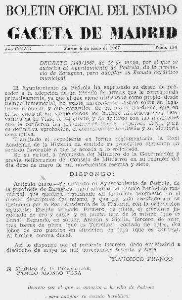 Escudo heráldico municipal de Pedrola publicado en BOE