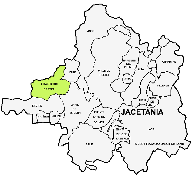 Mapa de Salvatierra de Esca situado dentro de la Comarca de la Jacetania