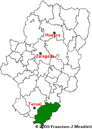 Mapa de la Comarca Gudar Javalambre situada dentro de Aragón