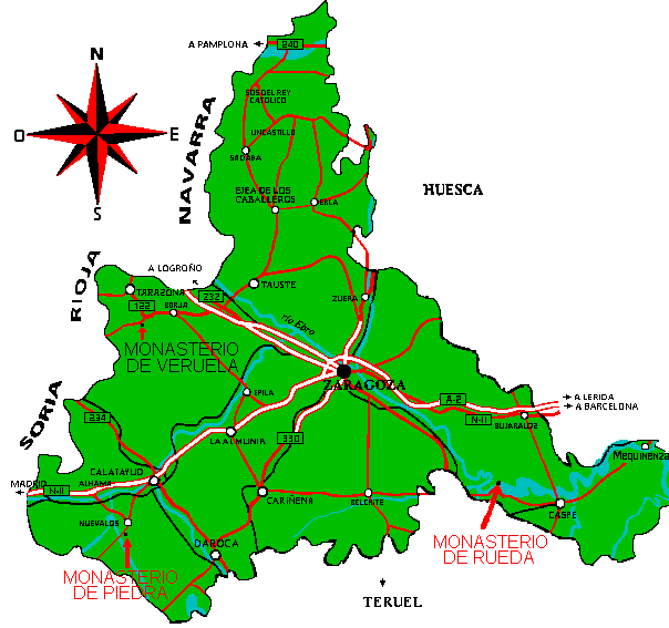 Mapa situación monasterios cistercienses en Aragón