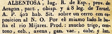 Albentosa, Lugar R. de España, Provincia de Aragón, del diccionario Geográfico Universal