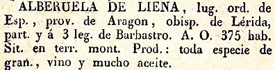 Alberuela de La Liena, Lugar Ord. de España, Provincia de Aragón, del diccionario Geográfico Universal