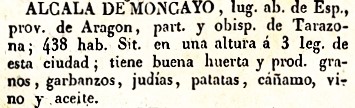 Alcala De Moncayo, Lugar Ord. de España, Provincia de Aragón, del diccionario Geográfico Universal