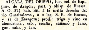 Alcala del Obispo, Lugar Ord. de España, Provincia de Aragón, del diccionario Geográfico Universal