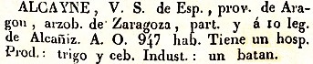 Alcayne, Lugar, Provincia de Aragón, del diccionario Geográfico Universal