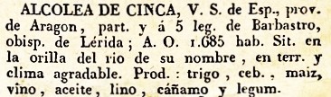 Alcolea de Cinca, Lugar, Provincia de Aragón, del diccionario Geográfico Universal