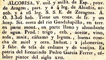 Alcorisa, Lugar, Provincia de Aragon, del diccionario Geográfico Universal