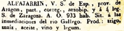 Alfajarrin, V.S. de Esp., prov. de Aragón, part. correg. arzobip. y á 4 leg. S. de Zaragoza. A. O. 933 hab. Sit. a las inmediaciones del rio Gallego. Prod.: trigo, maiz, aceite, vino y legum.