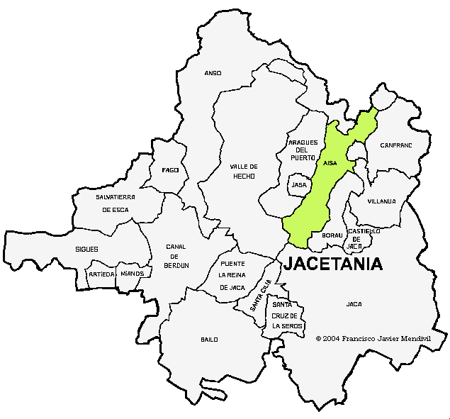 Mapa de Aísa dentro de la Comarca de la Jacetania