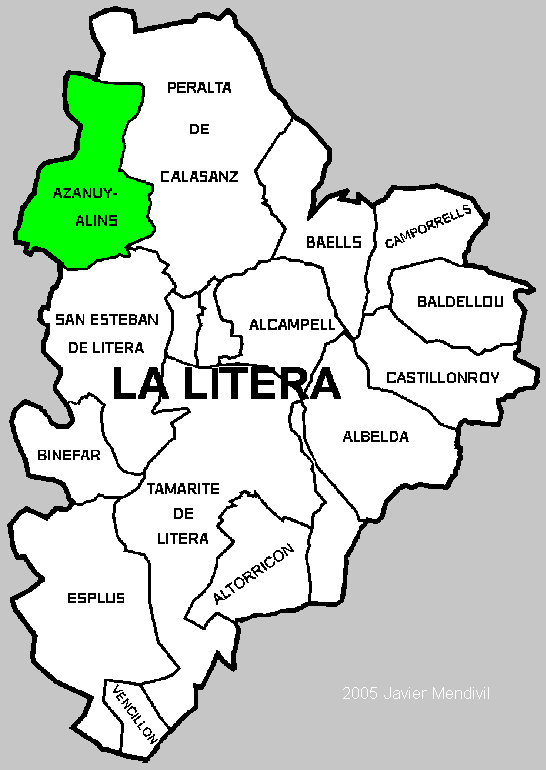 Mapa del Municipio Azanúy-Alins dentro de la comarca La Litera / La Llitera