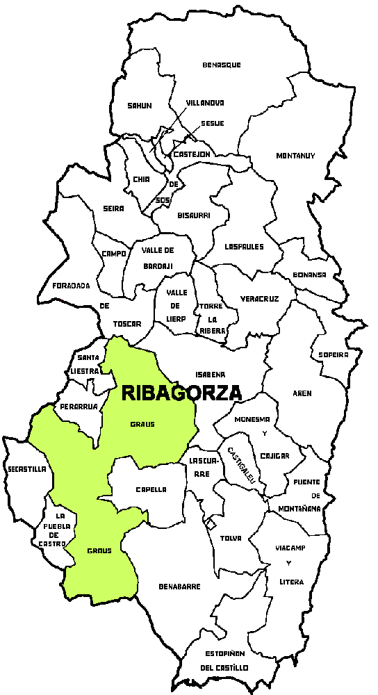 Mapa del Municipio de Graus dentro de la Comarca de La Ribagorza