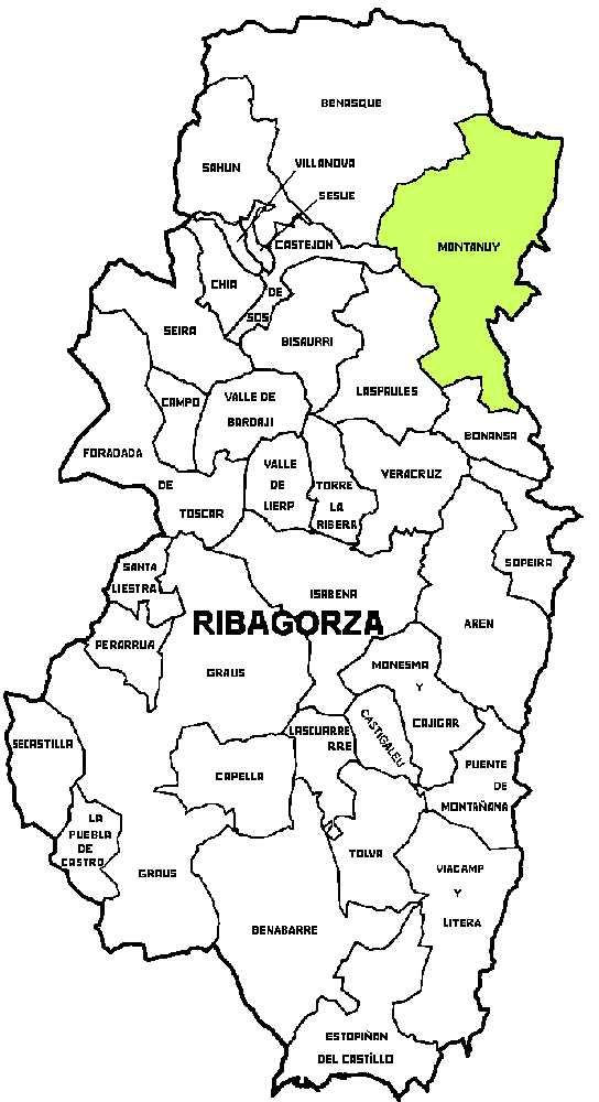 Mapa del Municipio de Montanuy dentro de la comarca de Ribagorza