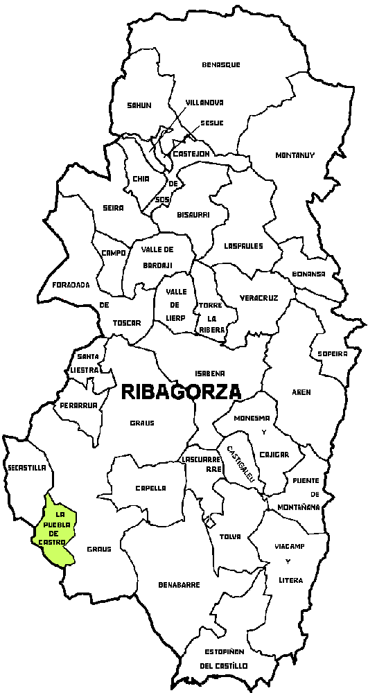 Mapa del Municipio de La Puebla de Castro dentro de la comarca de Ribagorza