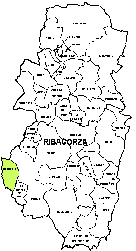 Mapa de la posición del Municipio de Secastilla dentro de la comarca de Ribagorza