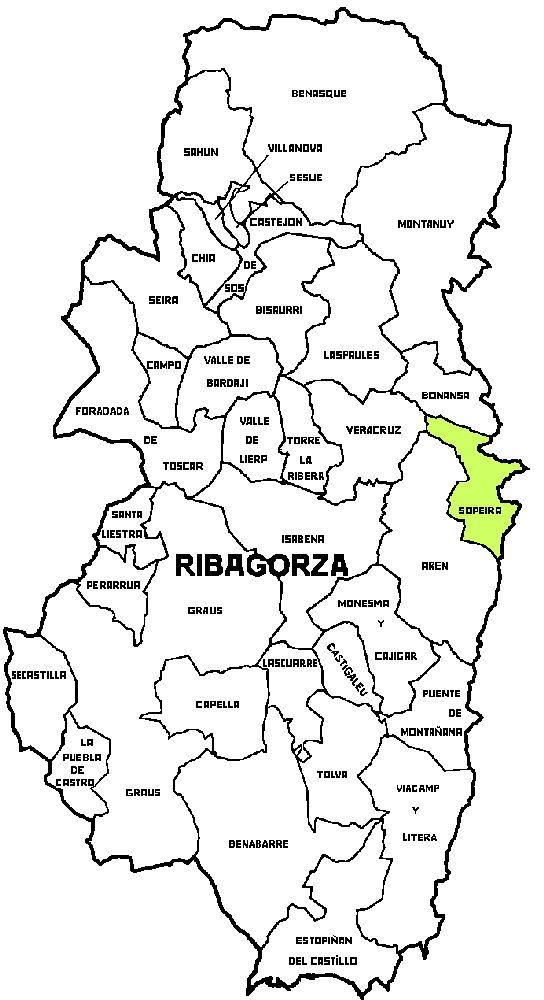 Mapa de la posición del Municipio de Sopeira dentro de la Comarca de Ribagorza