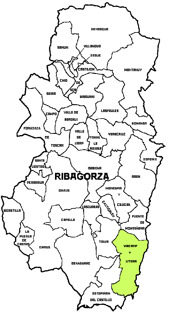Mapa de la posición Municipio de Viacamp y Litera dentro de la comarca de Ribagorza