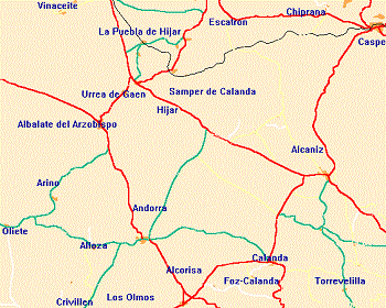 Mapa de la Ruta Bombo y Tambor. Situación de los pueblo en Teruel