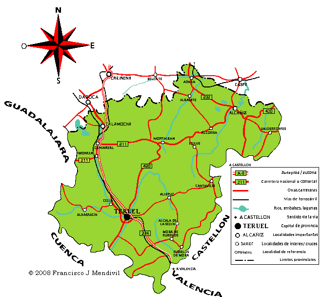 Mapa de carreteras de la Provincia de Teruel