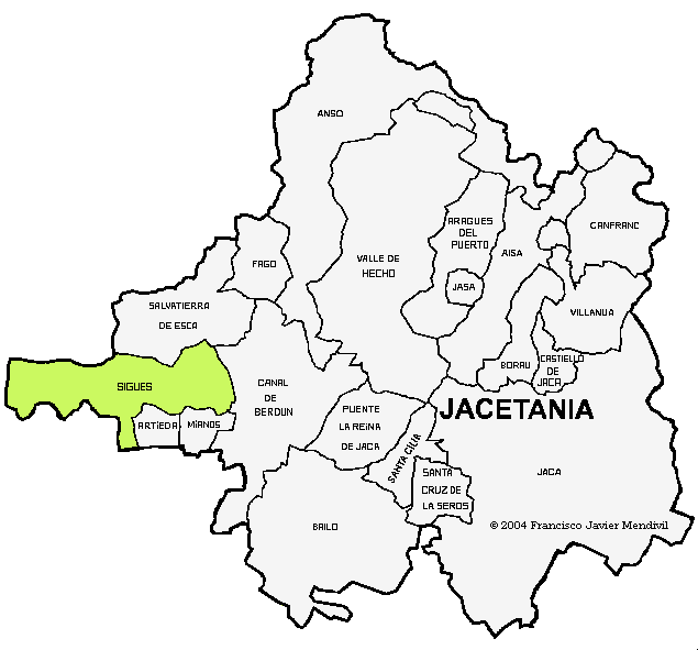 Mapa de Sigües situado dentro de la Comarca de la Jacetania
